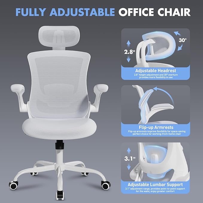 Ergonomic Office Chair with Adjustable Lumbar Support & Headrest, High Back Mesh Desk Chair with Flip-Up Armrests, Breathable & Comfortable Computer Chair for Home, Office & Study –White