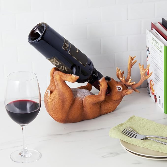 TRUE Buzzed Buck Bottle Holder for Kitchen Decor or Bar Carts, Bottle Rack for Wine Decor Bottle Storage, Detailed Polyresin Novelty Animal Wine Display