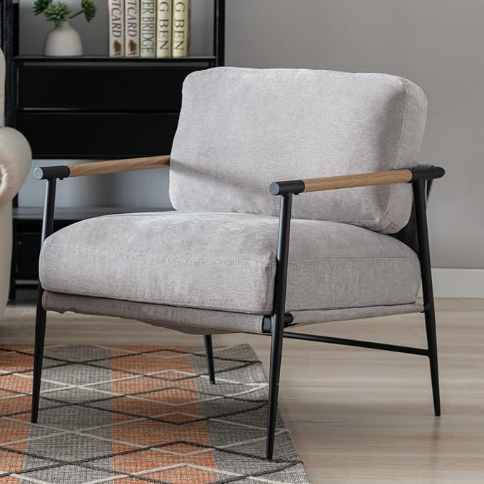 Mid-Century Accent Chair, Soft Armchair Chenille Fabric Lounge Chair with Black Metal Legs, Upholstered Leisure Chair for Living Room Bedroom Reception Room, 1PC, Grey