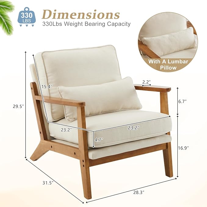VINGLI Solid Wood Wide Armrests Accent Chair,Upholstered Mid Century Modern Chair with Pillow,Comfy Reading Chair Farmhouse Arm Chair,Chairs Living Room,Bedroom,Guest Room,Linen Fabric,Beige