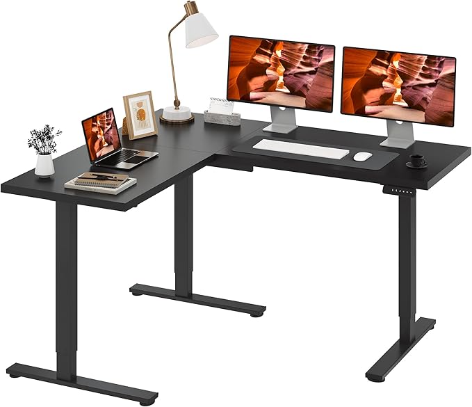 L-Shaped Standing Desk, 63 x 55 Inches Height Adjustable Desk, Sit and Stand up for Work Office Home, Ergonomic Rising Computer Table for Home Office with Splice Board, Black