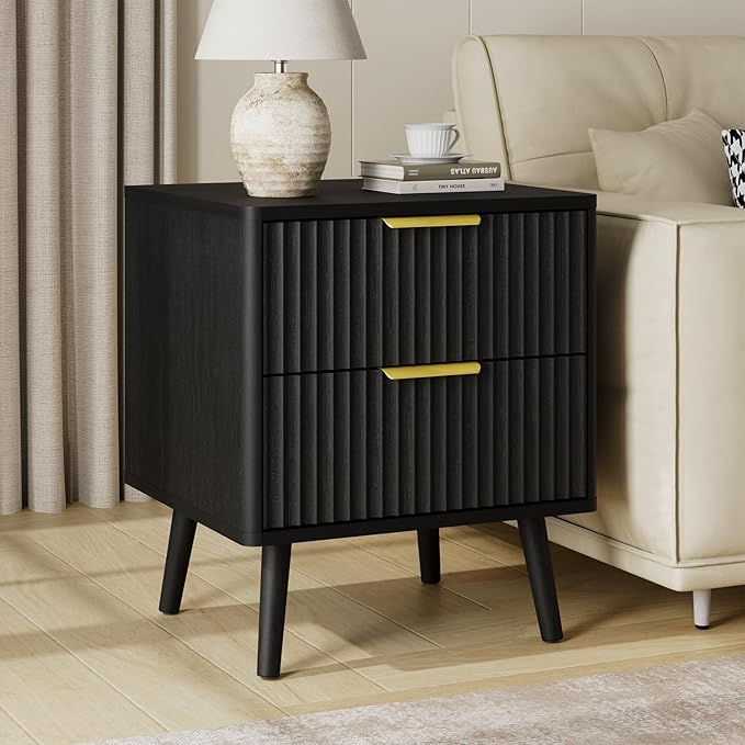 LYNSOM Fluted Dresser and Nightstand Sets 2 Piece, 2-Drawer Nightstands and 7-Drawers Dresser, Wood Bedroom Furniture Set for Home, Bedroom, Hallway, Black