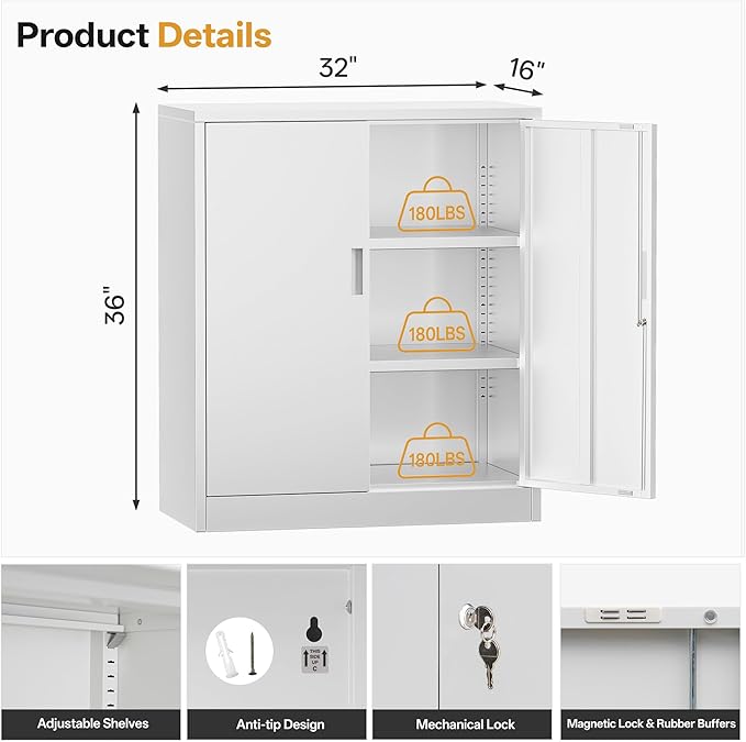 Metal Garage Storage Cabinets,36" Steel File Cabinet with 2 Adjustable Shelves, Lockable Storage Cabinets for Office, Home, Garage, Warehouse 36" H x 32" W x 16" D (White)