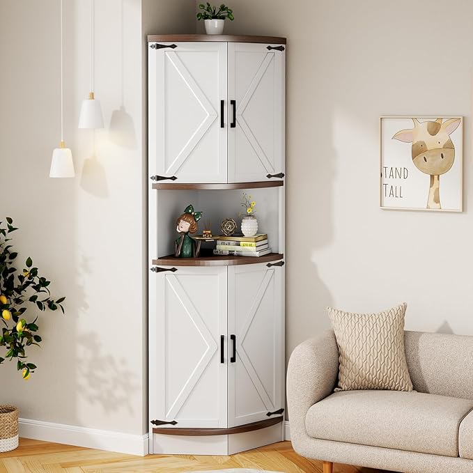 64.8" Farmhouse Corner Cabinet, Dining Room Tall Corner Cabinet with 4 Barn Doors and 5 Storage Shelves, Bar Storage Cabinets for Kitchen, Living Rooms, Laundry Room White