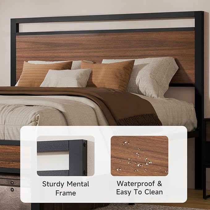 Z-hom Queen Bed Frame with Modern Wood Headboard & Footboard, Upgraded Heavy Duty Metal Sturdy Bed Frame Queen Size, Stable Platform Bed Furniture Bed Storage, No Noise, No Box Springs,Walnut