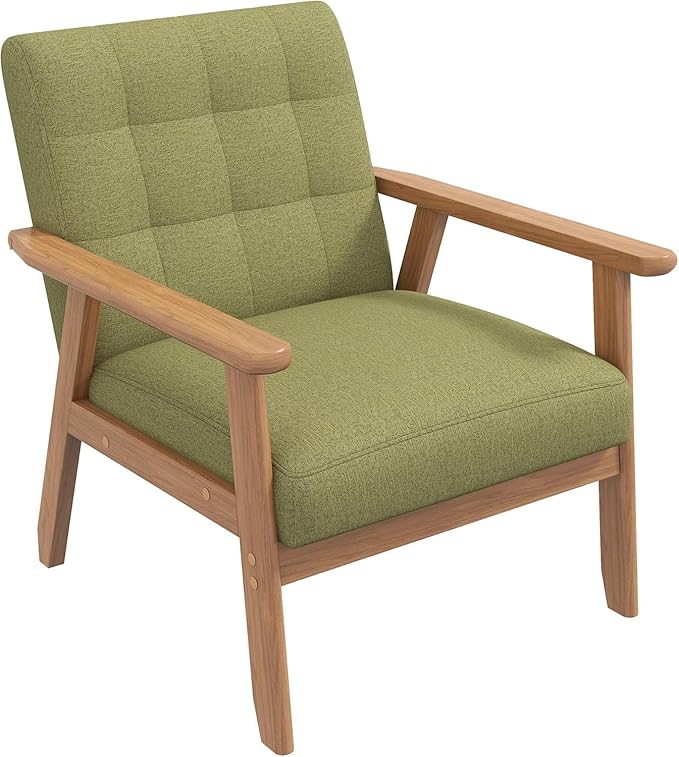 Westice Accent Chair 1PC, Mid-Century Modern Living Room Chairs with Solid Wood Frame & Soft Thicken Cushion, Upholstered Reading Arm Chair for Bedroom, Balcony, Green Linen Fabric & Natural Legs