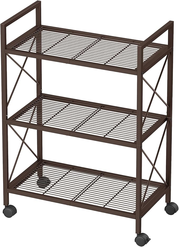 SONGMICS 3-Tier Metal Storage Rack with Wheels, Mesh Shelving Unit with X Side Frames, 23.6-Inch Width, for Entryway, Kitchen, Living Room, Bathroom, Industrial Style, Metallic Bronze UBSC163A01