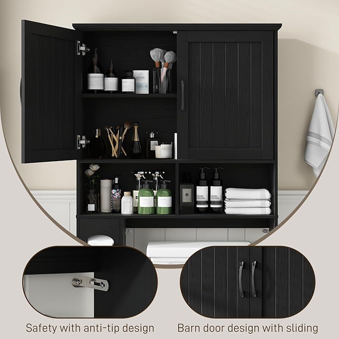 Over The Toilet Storage Cabinet, Farmhouse Storage Cabinet Over Toilet with Barn Door& Toilet Paper Holder Stand,Home Space-Saving Toilet Rack, for Bathroom, Restroom, Laundry.Pure Black