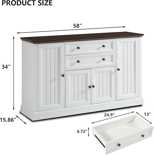 Farmhouse 58" Buffet Cabinet with Storage, 34" Tall Coffee Bar Cabinet w/2 Large Drawers & 4 Grooved Barn Doors, Wood Rustic Sideboard Buffet Cabinet for Dinning Room, Kitchen, Living Room,White