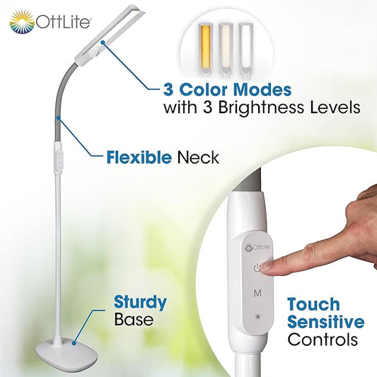 OttLite WingShade LED Floor Lamp, Clearsun, White, Shipper