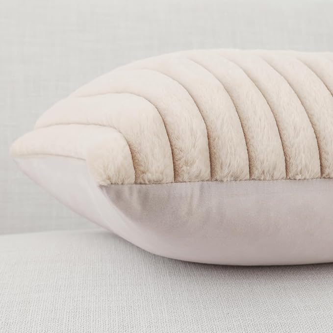 Pallene Faux Fur Plush Throw Pillow Covers 18x18 Set of 2, Luxury Soft Fluffy Striped Decorative Pillow Covers for Sofa, Couch, Living Room, Apricot