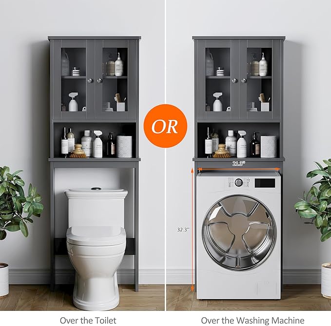Meilocar Over The Toilet Storage Cabinet, Bathroom Storage Cabinet Over Toilet, Space Saver with 2 Tempered Glass Doors, Grey