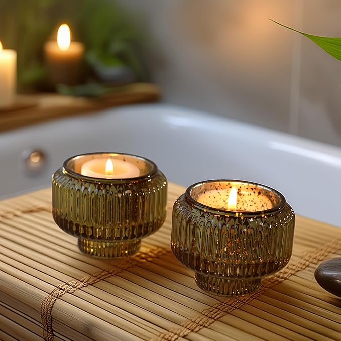 Kate Aspen Taper Candle Holders for Candlesticks, Ribbed Glass Gold Candle Holders Set of 4, Retro Candlestick Stand Decor, Votive Candle Holder Decor Accents for Holiday & Home Decoration Styling