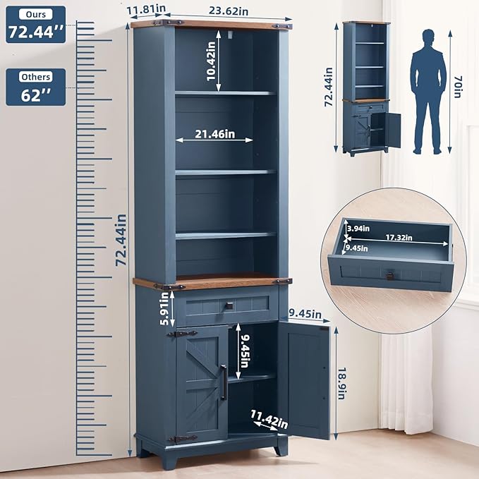 72in Tall Bookshelf 7 Tier Bookcase with Drawer and Barn Doors and Adjustable Shelves, Blue Farmhouse Book Shelf with Storage Cabinet, Wood Freestanding Display Bookshelves for Living Room