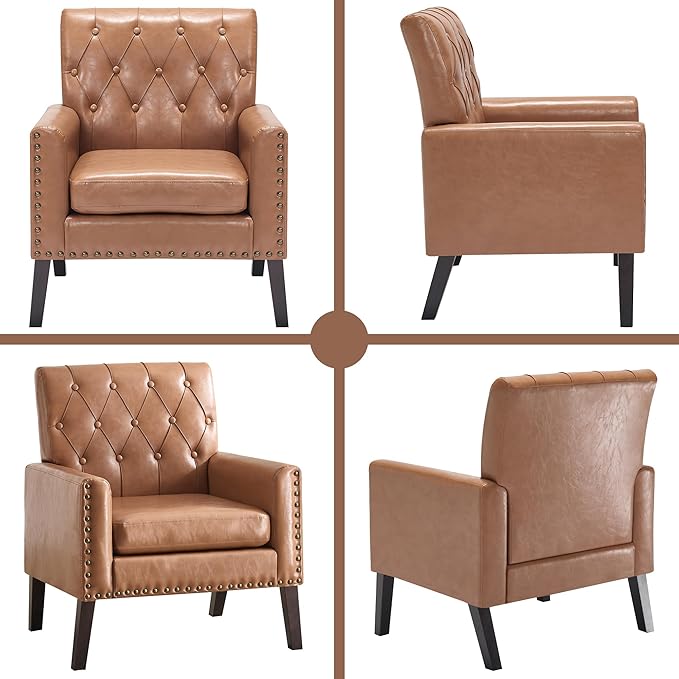 Mid Century Modern Accent Chair, Light Brown Faux Leather Office Chair for Reception - Brown Leather Club Chair for Living Room, Bedroom, or Waiting Room