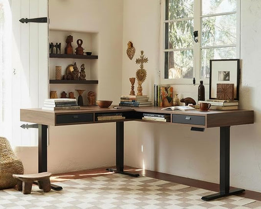 HUANUO Electric L Shaped Standing Desk, 63″x55″ Height Adjustable Corner Computer Desk with 2 Under Desk Drawers & Open Storage Sapce, Sit Stand Up Table with Power Strip Tray & Cable Grommets, Walnut