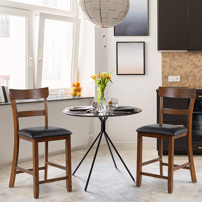 COSTWAY Counter Height Bar Stools Set of 4, 25.5 Inch Mid Century Modern Wooden High-top Chairs with Backrest, Rubber Wood Legs, Faux Leather Seat, Farmhouse Barstools for Kitchen Island, Pubs