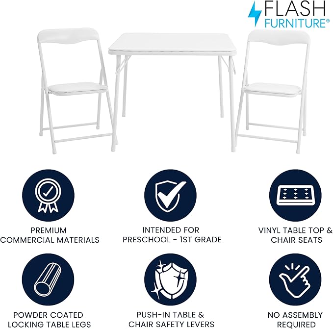 Flash Furniture Mindy Kids 3-Piece Folding Table and Chairs Set for Daycare and Classrooms, Children's Activity Table and Chairs Set, White