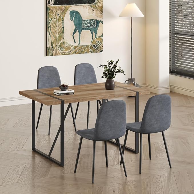 4 Chair Dining Table Set,Dinner Table Set for 4,55'' Kitchen Table and Suede Nap Fabic Chairs Set of 4, 5 Piece Dining Table Set for Kitchen Dining Room