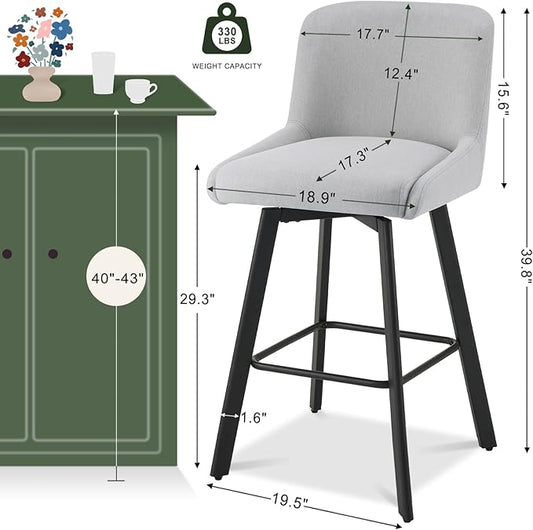 Swivel Bar Stools Set of 4, 30''H Upholstered Barstools with Backs, Modern Counter Height Bar Stool Chairs for Kitchen Island, Metal Legs, Fabric, Light Gray Counter Stools