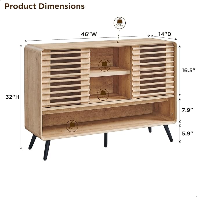 RedLemon 46" Entryway Table, Mid Century Modern Console Table with Slatted Sliding Door, Storage Shelf Wood Sofa Table Behind Couch for Hallway, Living Room, Foyer, Natural Oak