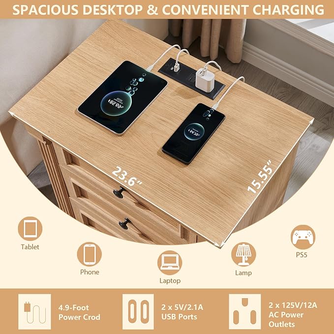 26" Tall Nightstand with Charging Station, Farmhouse 23.6" Wide Large End Table w/Roman Column, Wood Rustic Side Table w/Metal Handle, 3 Drawers Dresser for Bedroom, Living Room, Natrual