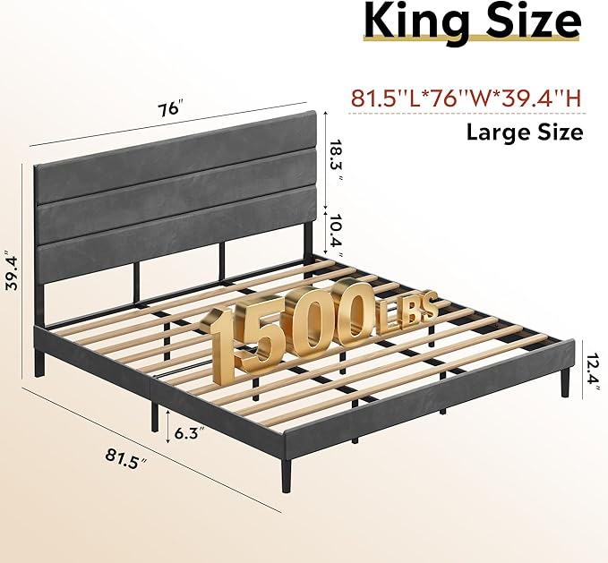 WLIVE King Size Upholstered Bed Frame, Velvet Square Tufted Headboard, Sturdy Metal & Wooden Slats Support, No Box Spring Needed, Light Grey