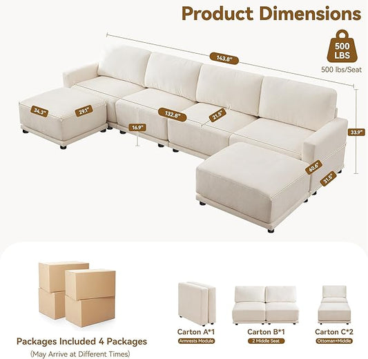 143.8" Modular Sectional Sofa Modern Chenille U-Shaped Couch with Thickened Seat Cushions, Easy Assembly, Upholstered 6 Seater Couch with 2 Movable Ottomans for Living Room, White