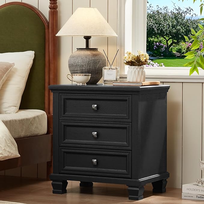 Farmhouse Nightstand with 3 Drawers, Rustic Couch End Table with 4 Square Solid Wood Legs, Mid-Century Modern Bed Side Table with Storage, Small Dresser for Bedroom, Living Room, Black