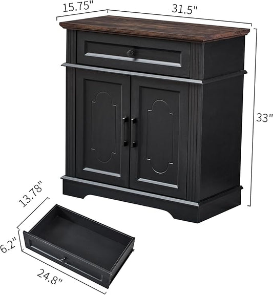 Black Farmhouse Storage Cabinet with 2 Doors and 1 Drawer, Adjustable Shelf, Freestanding Kitchen Pantry Cabinet, Modern Buffet Sideboard Coffee Bar Cabinet Living Room Bathroom Dining Room