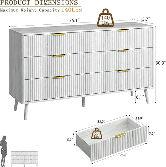 CARPETNAL Fluted 6 Drawer Dresser for Bedroom, 55" Wide Wooden Chest of Drawers with Rounded Corners, Gold Handles, Modern Storage Organizer for Bedroom, Hallway(White)