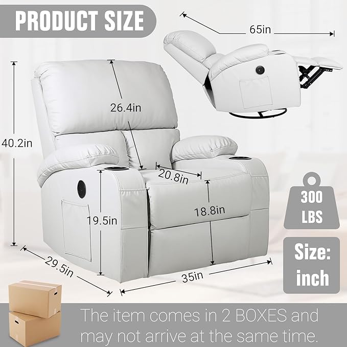 Rocking Recliner Chair, Massage Rocker Recliner Chair with Vibration Massage and Heat, USB and Type-C Ports,360° Swivel Faux Leather Chairs, Living Room, Bedroom, Nursery, RV, Light Grey