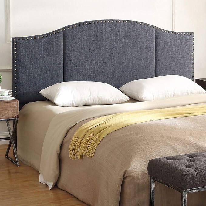 24KF Middle Century Linen Upholstered Tufted Queen Size Headboard with Antique Brass Nails Queen/Full headboard -Dark Gray