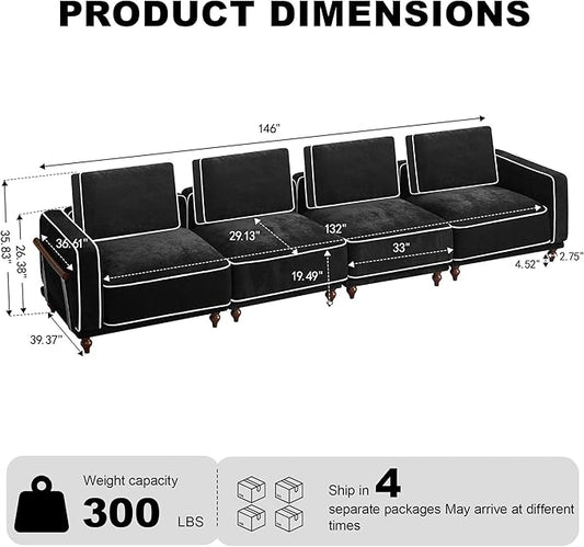 146" Cloud Modular Sectional Sofa,Oversized Deep 4 Seater Couch with Armrests Wooden Legs,Comfy Thicked Cushion Upholstered Sofa for Living Room Bedroom,Black
