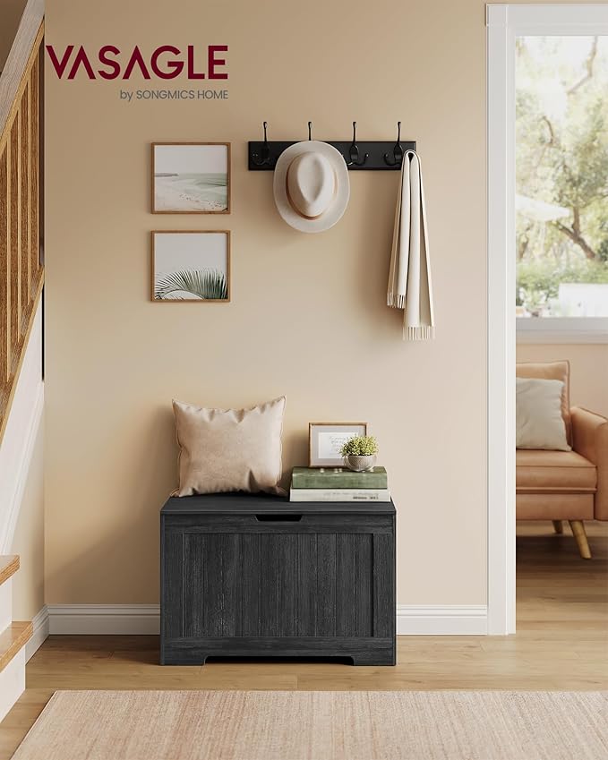VASAGLE Storage Chest, 29.9 Inches Width Storage Bench, Entryway Bench with 2 Safety Hinges, Shoe Bench, Farmhouse Style, for Entryway, Bedroom, Living Room, Charcoal Gray ULHS011B02