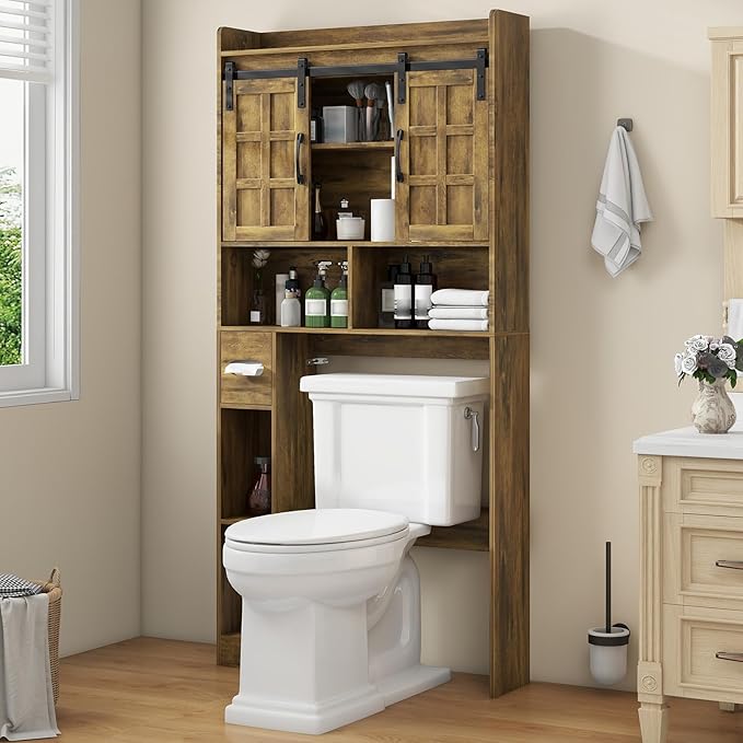Over The Toilet Storage Cabinet, Farmhouse Storage Cabinet Over Toilet with Sliding Doors,Home Space-Saving Toilet Rack, for Bathroom, Restroom, Laundry. Brown