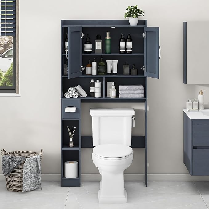 Vabches Over The Toilet Storage Cabinet, Farmhouse Storage Cabinet Over Toilet with 2 Barn Door & Toilet Paper Holder Stand,Home Space-Saving Toilet Rack, for Bathroom, Restroom, Laundry,Blue