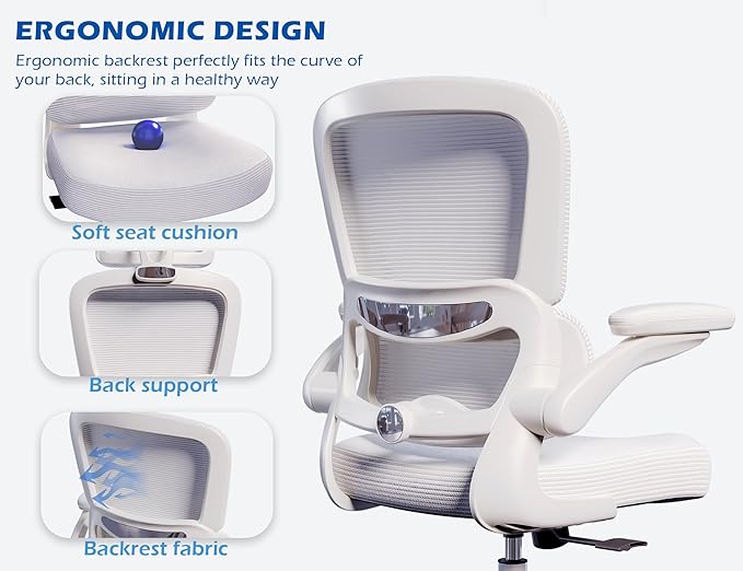 TRALT Ergonomic Office Chair - Desk Chair with Adjustable Lumbar Support Computer Chair - Mesh Comfy Chair with Flip-up Armrests - Gaming Chairs for Adults Home Office (Leather, White)