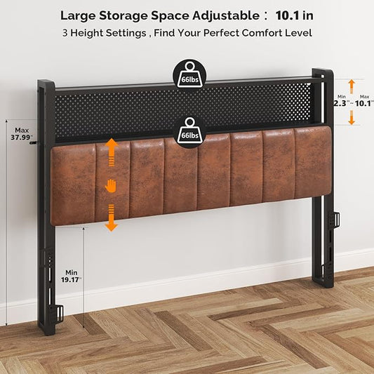 VINGLI King Size Headboard Only, Adjustable Upholstered Headboard with 2 Tier Shelves and Pegboard with Charging Stations and LED Lights, Modern Bed Headboard with Storage for Bedroom Decor