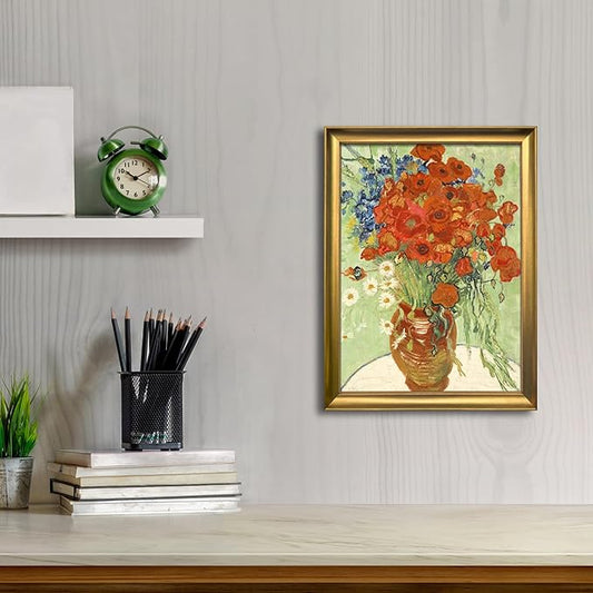 Wieco Art Framed Wall Art Canvas Prints of Red Poppies and Daisies Canvas Wall Art of Van Gogh Paintings Reproduction Abstract Artwork for Wall Decor Bronze Gold Frame