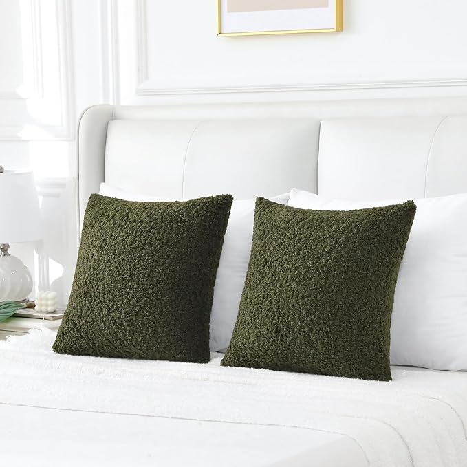 FUTEI Olive Green Throw Pillow Covers 18x18 Inch Set of 2,Furry Faux Fur Teddy Boucle Textured Cushion Covers,Soft Fluffy Decorative Pillow Case,Home Decor for Couch Bed Living Room Office Car