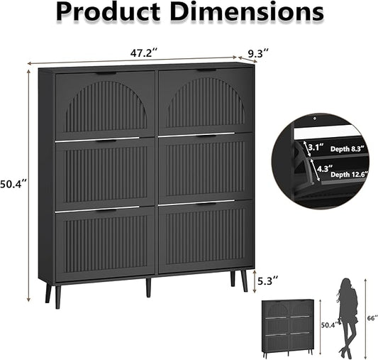 Shoe Cabinet for Entryway with 6 Flip Drawers, Slim Wooden Shoe Storage Organizer with Modern Fluted Pannel,Freestanding Narrow Hidden Shoe Rack for Hallway, Foyer, Living Room