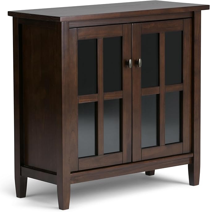 SIMPLIHOME Warm Shaker SOLID WOOD 32 inch Wide Transitional Low Storage Cabinet in Tobacco Brown for the Living Room, Entryway and Family Room