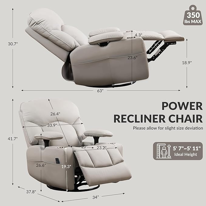 GRAINELL Rocking Chair Nursery, Electric Swivel Recliner Glider with Adjustable Armrests, Nursing Chair with USB Charger, Cup & Blanket Holders,Grey PU Leather
