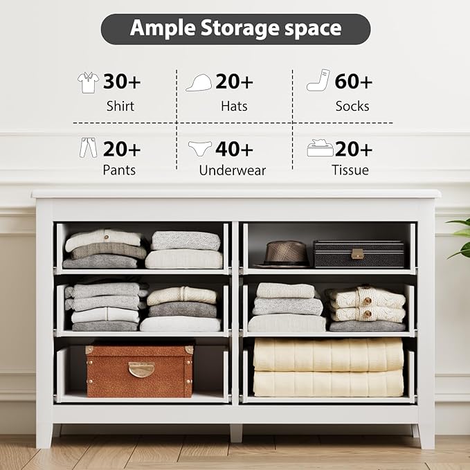 White Dresser, Modern 6 Drawer Double Dresser for Bedroom Adults & Kids with Vintage Gold Handles, Wide Dressers & Chests of Drawers, 6 Drawer Dressers for Hallway, Antique White