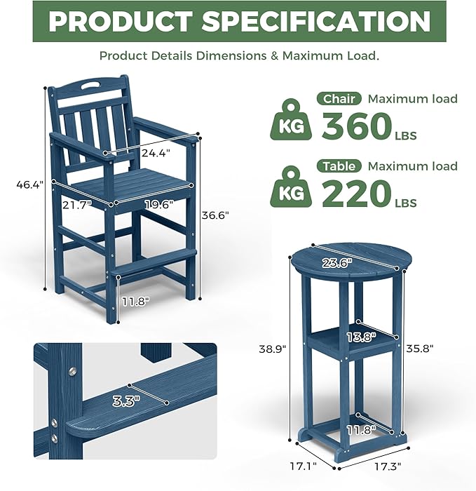 HDPE Outdoor Patio Bar Set with Bar Height Table and 2 Adirondack Chairs, All-Weather High Top Outside Round Pub Furniture for Bistro, Garden, Backyard, Deck | 3-Pieces, Navy Blue