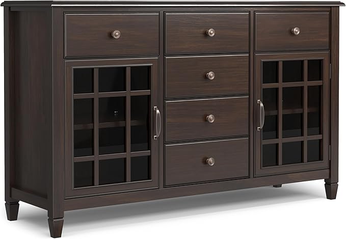 SIMPLIHOME Connaught Buffet - 60 inch Wide Solid Wood 3-Door Sideboard Buffet in Chestnut Brown, Traditional Storage Cabinet for Dining Room or Kitchen with Adjustable Shelves and Classic Molding