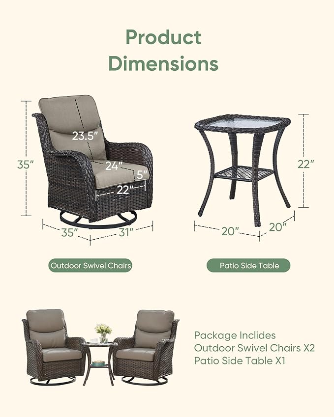 HUMMUH Wicker Patio Furniture High Back Swivel Rocker Patio Chairs Outdoor Bistro Set with Ottomans Side Table for Porch Garden Deck