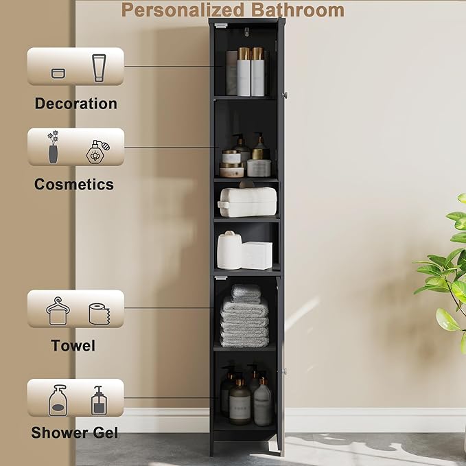 ChooChoo Tall Bathroom Storage Cabinet with Light,5-Tier Narrow Bathroom Cabinet with 2 Doors, Slim Storage Linen Cabinet Freestanding with Adjustable Shelves for Space Saving, Black