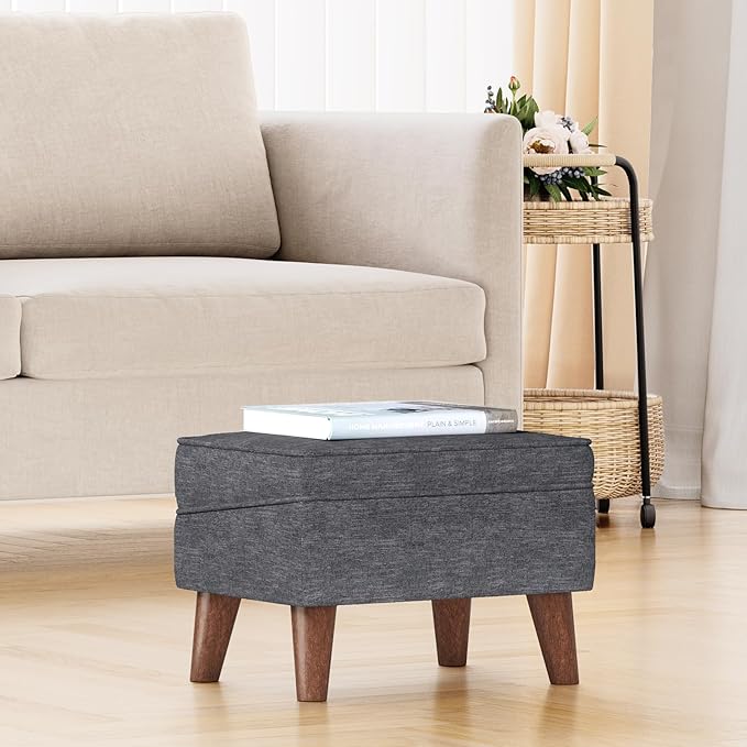 Small Footstool Ottoman with Storage, Ottoman Foot Rest, Modern Foot Stool with Adjustable Lid and Sturdy Wood Legs for Living Room, Bedroom, Couch, Enterway, Light Gray